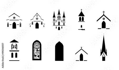 Church building flat vector icon set with Christian religious architecture elements