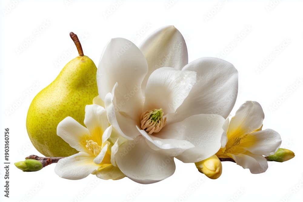 Naklejka premium Fresh green pear with white magnolia flowers and buds