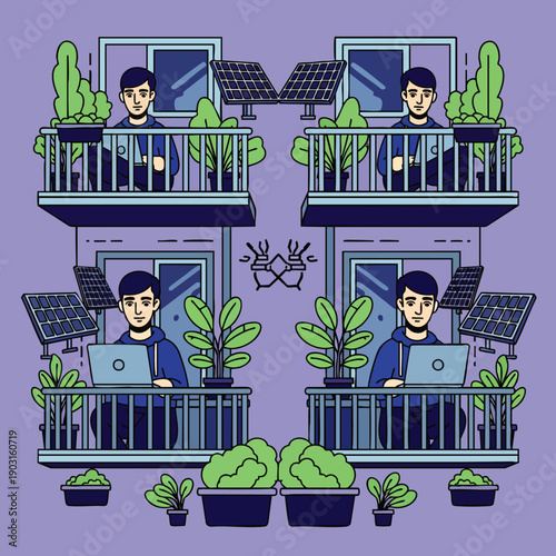 People working remotely from urban balconies with solar panels and plants, illustrating sustainable digital nomad lifestyle and modern eco-friendly city living.