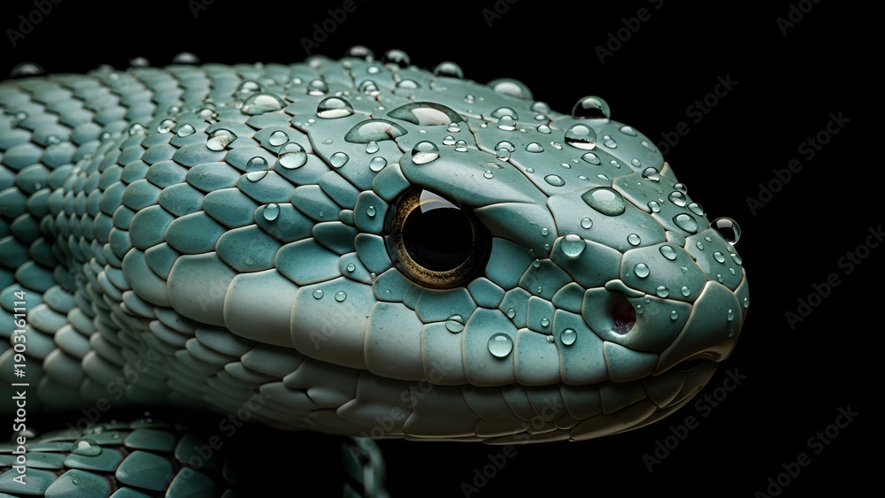 Fototapeta premium Realistic close-up of a green snake head with water droplets on its scales against a black background, highlighting texture detail, wildlife beauty, and a mysterious reptile mood.