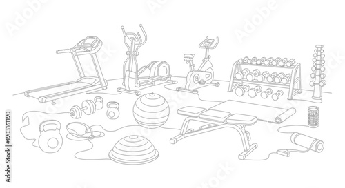 Collection of various black and white line art fitness equipment items including cardio machines weights and yoga accessories for exercise