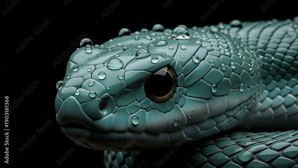 Fototapeta premium Realistic close-up of a green snake head with water droplets on its scales against a black background, highlighting texture detail, wildlife beauty, and a mysterious reptile mood.
