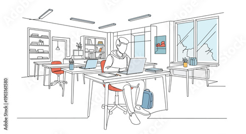 Young male student intensely focused on typing an assignment or coding project using a modern laptop computer in a brightly lit collaborative workspace environment.