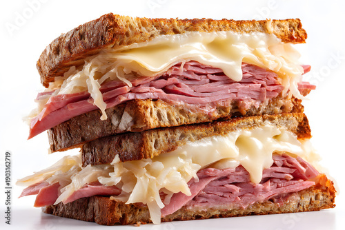 Wallpaper Mural Stacked Reuben Sandwich on Rye Bread Isolated on White Background with Melted Cheese and Sauerkraut Torontodigital.ca