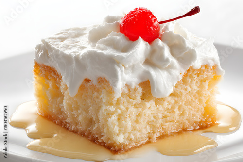 Wallpaper Mural Isolated Square Slice of Tres Leches Cake with Whipped Cream and Cherry on White Plate Torontodigital.ca