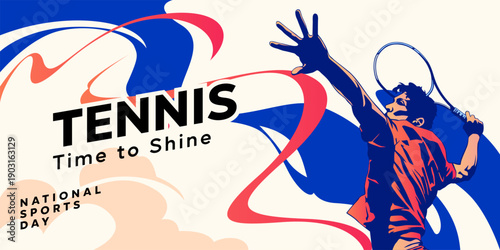 Tennis player silhouette performing a high-energy service. Dynamic athletic poster with fluid abstract shapes and "Time to Shine" theme for national sports day events and matchday promotion. Tennis 