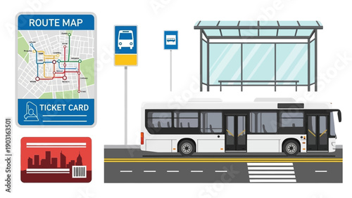 Comprehensive public bus transportation system elements illustration with route map, bus stop, and ticket card for urban travel convenience