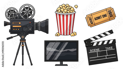 Film and cinema essentials vintage camera, popcorn, movie ticket, TV screen, and clapperboard for entertainment
