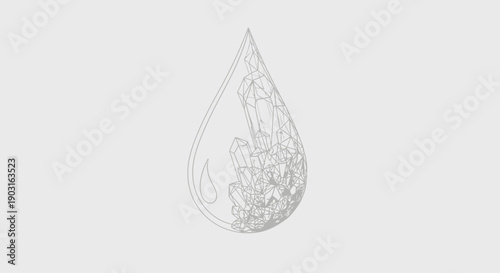 Abstract geometric crystals encapsulated within a stylized water drop outline minimalist digital