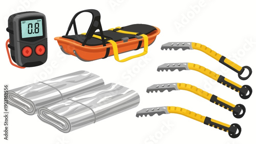 Vital mountaineering and rescue equipment collection for outdoor adventures, including a digital altimeter, survival stretcher, multiple ice axes, and emergency thermal blankets