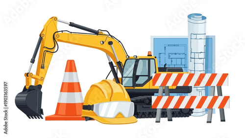 Essential array of construction machinery, safety gear, and architectural blueprints, representing active building projects and industrial development