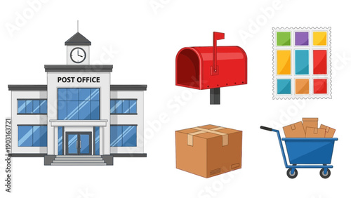 A vibrant collection of essential postal service elements, showcasing the complete process from sending letters and packages at the post office to their final delivery