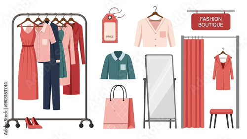 Modern fashion boutique setup with stylish women's clothing on display racks, a private changing room, full-length mirror, and shopping accessories, perfect for retail concepts