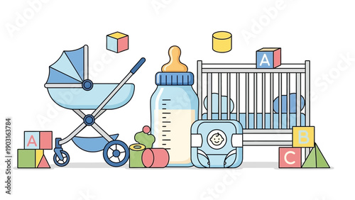 Comprehensive Collection of Baby Essentials in Flat Outline Style, Featuring Stroller, Crib, and Feeding Supplies for Infant Care