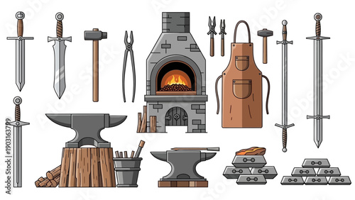 Blacksmith workshop tools vector set glowing forge, anvils, hammers, tongs, and handcrafted swords. Illustrates traditional metalworking and ancient artisan craft