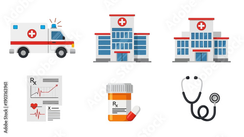 Essential healthcare and medical service vector icons, featuring ambulance, hospital, medical charts, pill bottle, and stethoscope in a clean, modern design