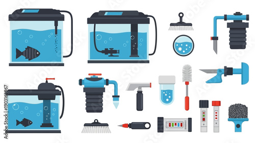 Essential aquarium equipment set, including fish tanks, water filters, cleaning tools, and testing kits for optimal aquatic pet care and healthy environments