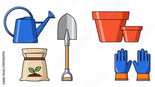Gardening tools and supplies flat vector illustration set. Includes watering can, shovel, pots, gloves, and fertilizer for planting and cultivation