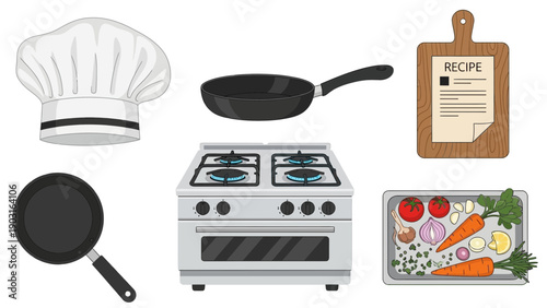A comprehensive collection of cooking utensils, kitchen appliances, and food preparation essentials for various culinary endeavors
