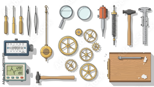 Flat lay assortment of vintage precision engineering tools and intricate clockmaker's equipment, featuring gears, measuring instruments, and hand tools for delicate mechanical work