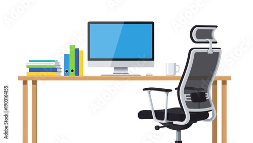 Modern Office Desk Setup with Computer, Books, and Ergonomic Chair for Productive Work Environment Illustration on White Background