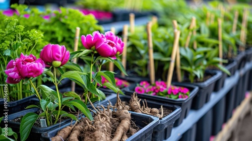 Wallpaper Mural Vibrant Pink Peonies and Green Plants in Nursery Pots at Garden Center During Spring Season Torontodigital.ca