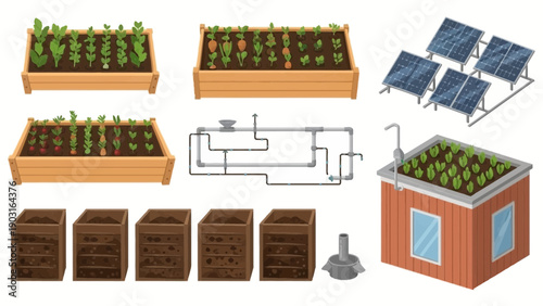 Set of sustainable gardening elements raised vegetable beds, solar panels, composting, efficient irrigation, and green roof for eco-friendly urban farming
