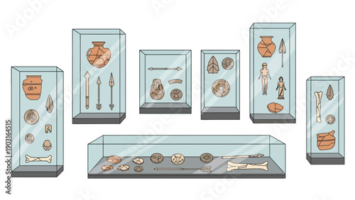 Vector illustration of ancient historical and archaeological artifacts displayed in museum glass cases, featuring pottery, tools, and relics from past civilizations