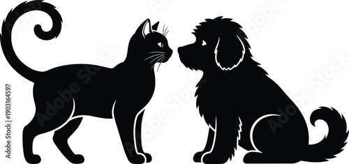 Cat and dog silhouette facing each other, cute pet friendship concept in black vector illustration, minimal animal icon design isolated on white background.