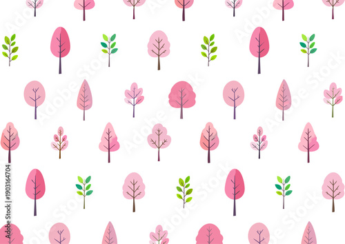 桜の木の背景　桜とピンクの花の木の手描き風イラスト　北欧風