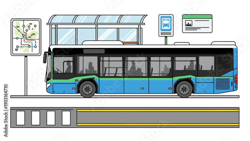 Clean vector illustration depicting a contemporary city bus awaiting passengers at a well-equipped urban bus stop, complete with route map and crosswalk