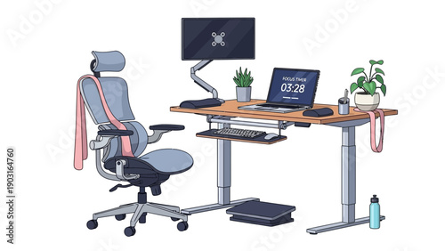 Modern ergonomic home office setup featuring an adjustable standing desk, a comfortable chair, and essential technology for a productive remote work environment