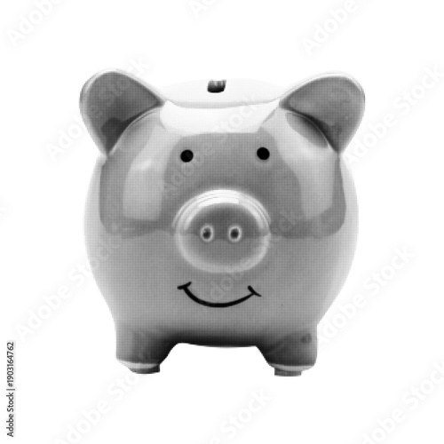 Black and white halftone illustration of a piggy bank. Concept of saving money, finance, budget, investment, economy, and financial security, isolated on white.