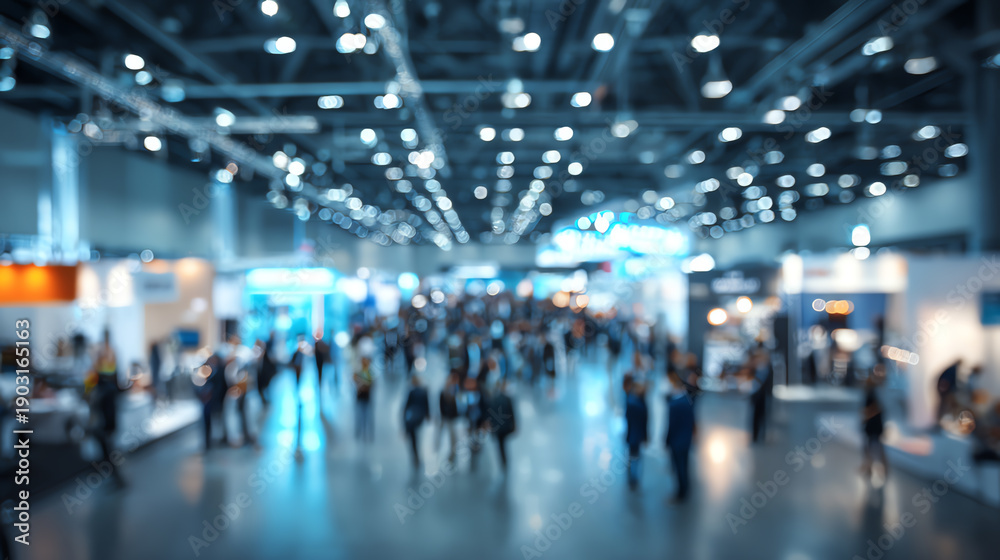 Fototapeta premium A busy trade show floor filled with people and illuminated by bright lights creating a vibrant atmosphere.
