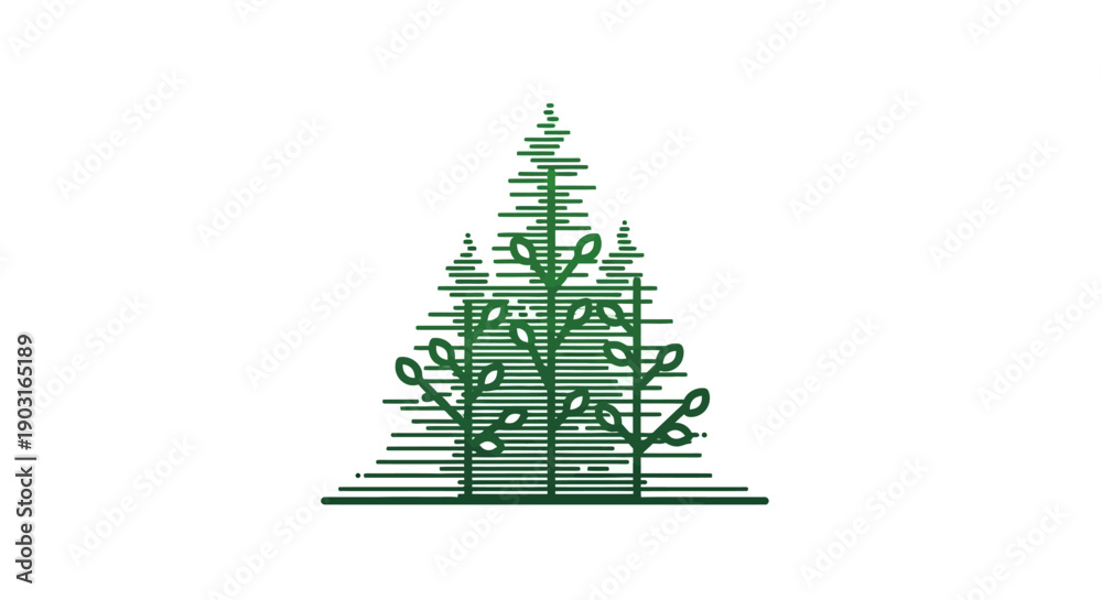 Obraz premium Minimalist green forest illustration featuring stylized trees rendered with horizontal line patterns