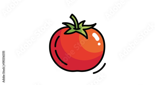 Vibrant cartoon red tomato illustration with green stem and leaves healthy food concept isolated