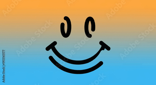 A vibrant digital graphic featuring a cheerful hand-drawn black smiley face on an orange and blue