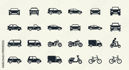 Collection of diverse vehicle icons representing transportation modes.
