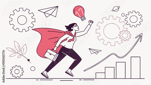Businesswoman in a red cape running with a briefcase and light bulb idea for innovation and success