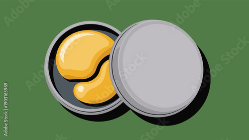Top-down illustration of an open tin container holding two gold hydrogel eye patches, designed for under-eye skincare and anti-aging treatments.