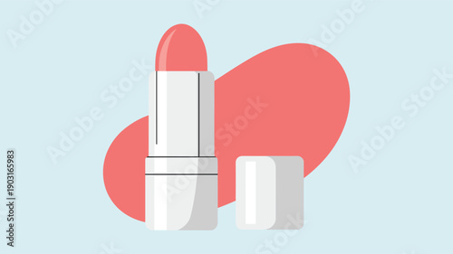 Illustration of an open tube of coral or pink lipstick with the cap resting beside it against a pink organic shape background, in a flat vector style.