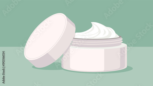 Illustration of a white jar filled with white face cream or moisturizer, with the lid leaning against it, set on a green background for skincare themes.