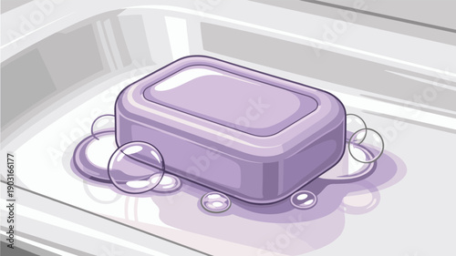Illustration of a purple bar of soap resting on a white tray with water droplets and bubbles, depicting a clean and fresh bathroom hygiene product.