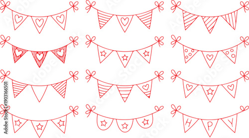 A cheerful collection of red outline party pennant banners featuring various celebratory designs and letters
