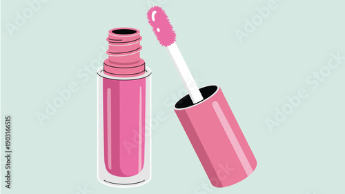 Open tube of pink lip gloss with the applicator wand pulled out showing the liquid product representing makeup and beauty cosmetics in a flat vector style.