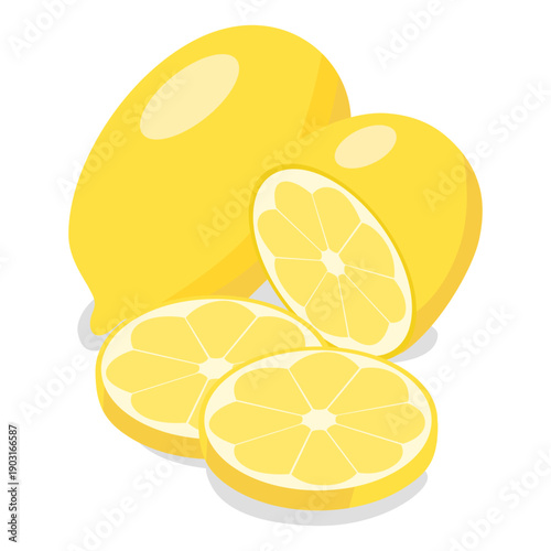 3D Isometric illustration of lemon and cut half, Thin slices of lemon, lemon juice, honey lemon isolated on white background.