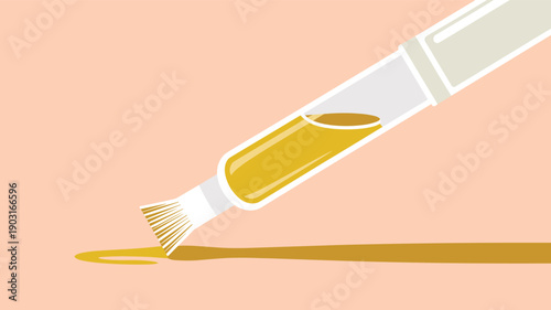 Close-up of a cuticle oil pen with a brush tip applying yellow oil onto a surface representing nail care and manicure maintenance in a flat vector design.