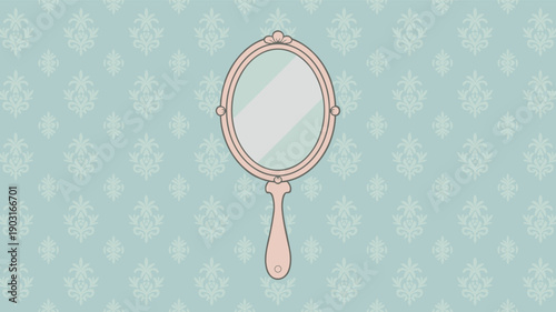 Vintage oval hand mirror with a pink handle and frame centered on a light blue damask patterned background representing beauty in a flat vector design.