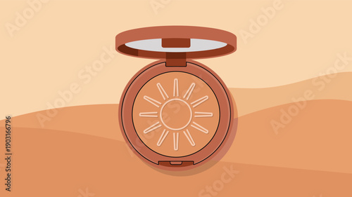 Open round bronzer compact featuring a sunburst embossed design in the powder against a desert-toned background in a flat vector illustration style.