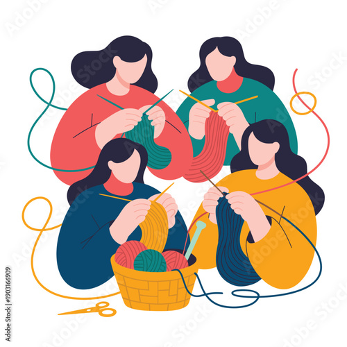 Group of four faceless people sitting together and knitting with colorful yarn balls in a flat vector illustration style depicting a creative hobby.